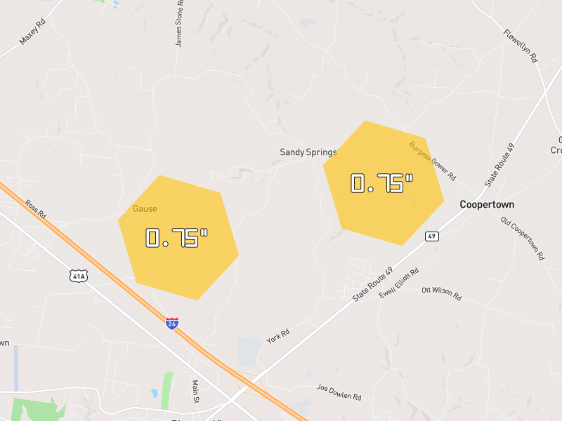 Hail map of Coopertown, TN on Jul 22, 2026, hail up to 0.75"