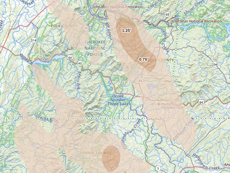 Radar-estimated hail-size map of the storm over Copperhill, TN on Jul 28, 2026