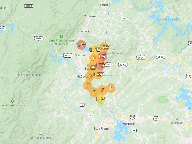 Hail map of Copperhill, TN on Jul 29, 2026, hail up to 1.75"