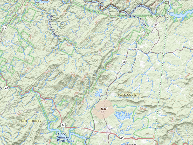 Radar-estimated hail-size map of the storm over Copperhill, TN on Aug 4, 2026