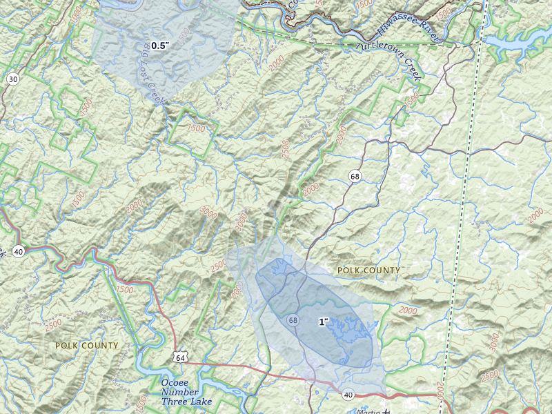 NEXRAD radar-signature map of the hail storm over Copperhill, TN on Aug 4, 2026