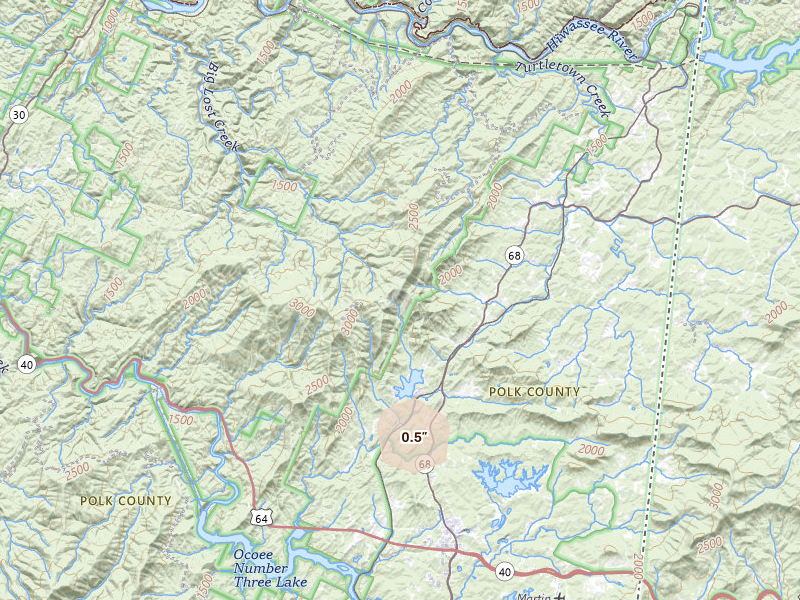 Radar-estimated hail-size map of the storm over Copperhill, TN on Aug 11, 2026