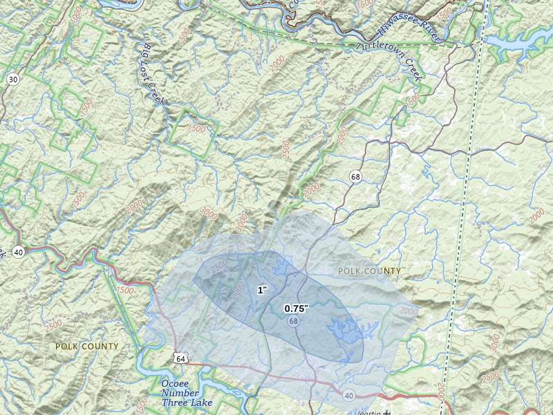 NEXRAD radar-signature map of the hail storm over Copperhill, TN on Aug 11, 2026