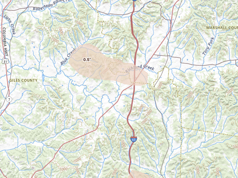 Radar-estimated hail-size map of the storm over Cornersville, TN on Aug 17, 2026
