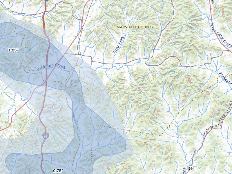 NEXRAD radar-signature map of the hail storm over Cornersville, TN on Aug 17, 2026