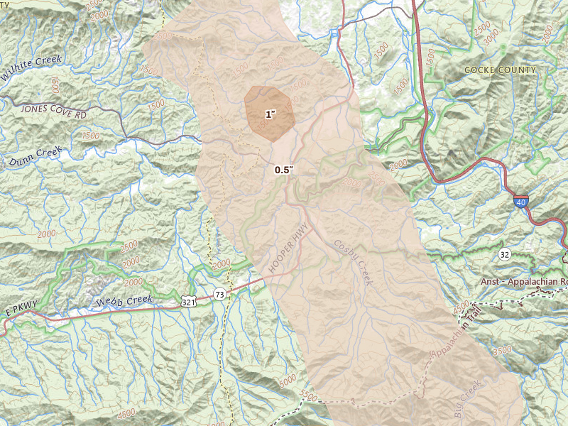 Radar-estimated hail-size map of the storm over Cosby, TN on Jul 28, 2026