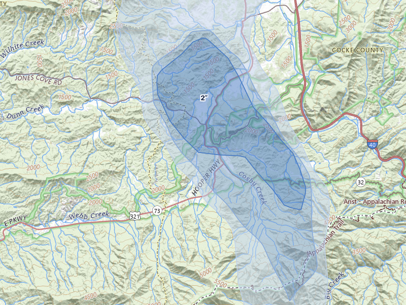 NEXRAD radar-signature map of the hail over Cosby, TN