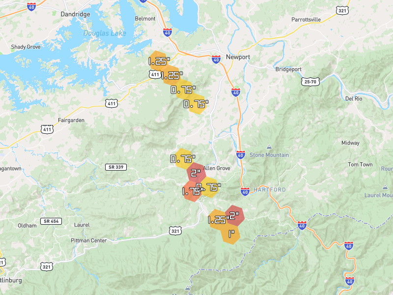 Hail map of Cosby, TN on Jul 28, 2026, hail up to 2"