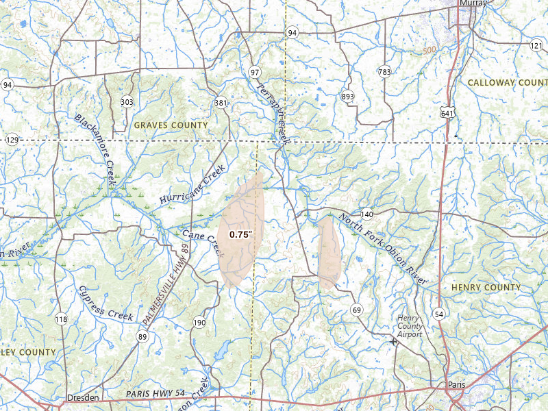 Radar-estimated hail-size map of the storm over Cottage Grove, TN on Mar 15, 2026