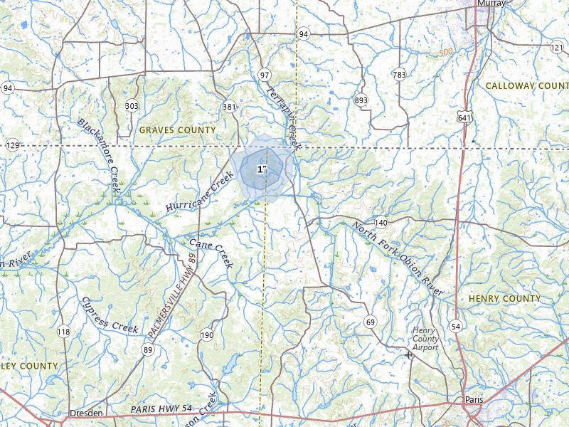 NEXRAD radar-signature map of the hail over Cottage Grove, TN
