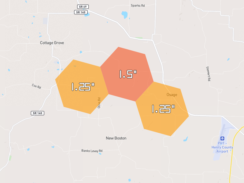 Hail map of Cottage Grove, TN on Jul 3, 2026, hail up to 1.5"