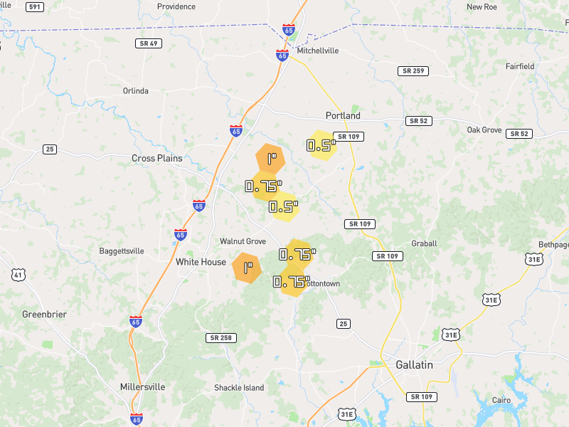Hail map of Cottontown, TN on Jul 22, 2026, hail up to 1"