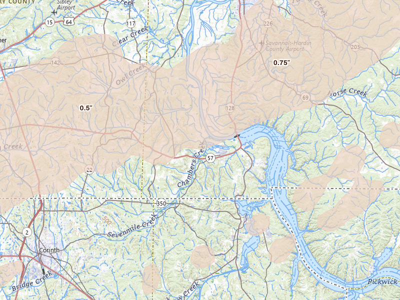 Radar-estimated hail-size map of the storm over Counce, TN on Mar 15, 2026