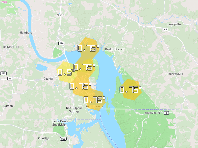 Hail map of Counce, TN on Jul 1, 2026, hail up to 0.75"