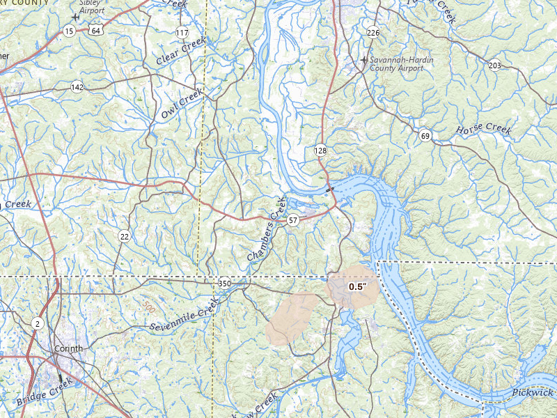 Radar-estimated hail-size map of the storm over Counce, TN on Jul 8, 2026