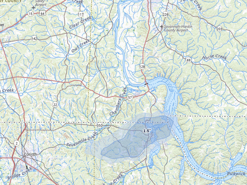 NEXRAD radar-signature map of the hail storm over Counce, TN on Jul 8, 2026