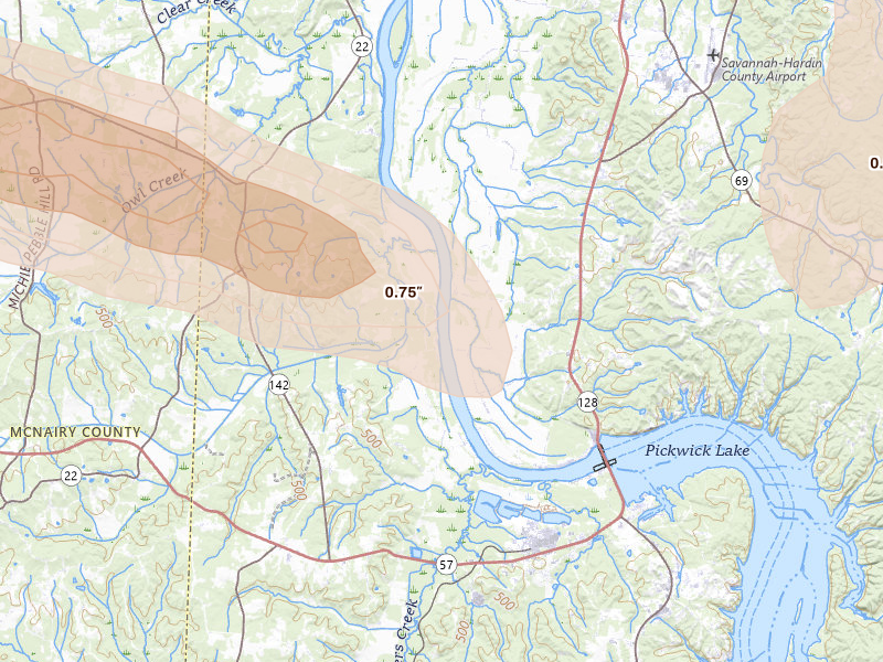 Radar-estimated hail-size map of the storm over Counce, TN on Aug 22, 2026