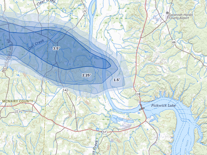 NEXRAD radar-signature map of the hail storm over Counce, TN on Aug 22, 2026