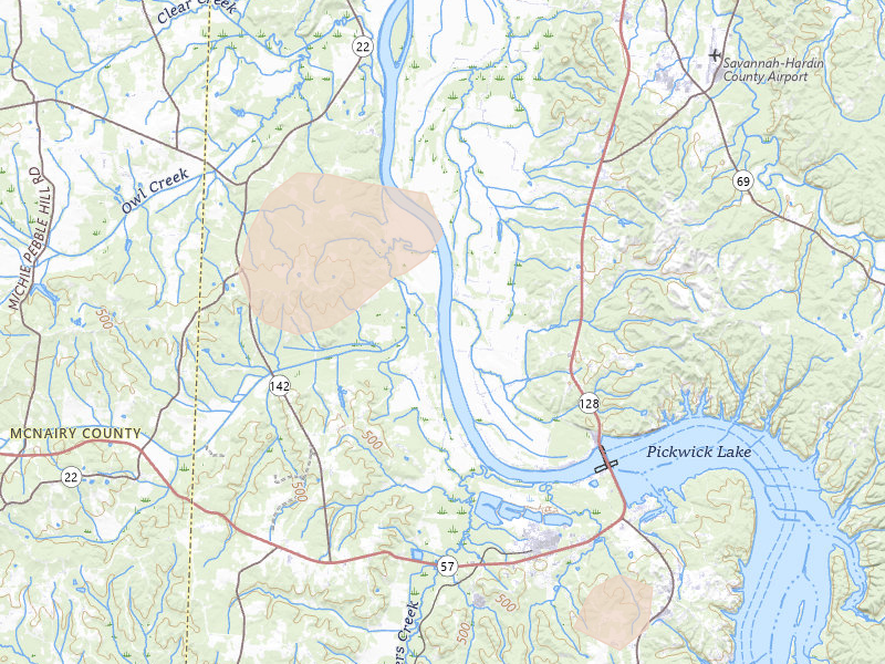 Radar-estimated hail-size map of the storm over Counce, TN on Aug 26, 2026