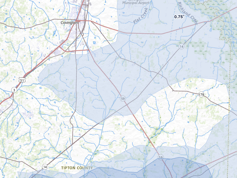 NEXRAD radar-signature map of the hail over Covington, TN