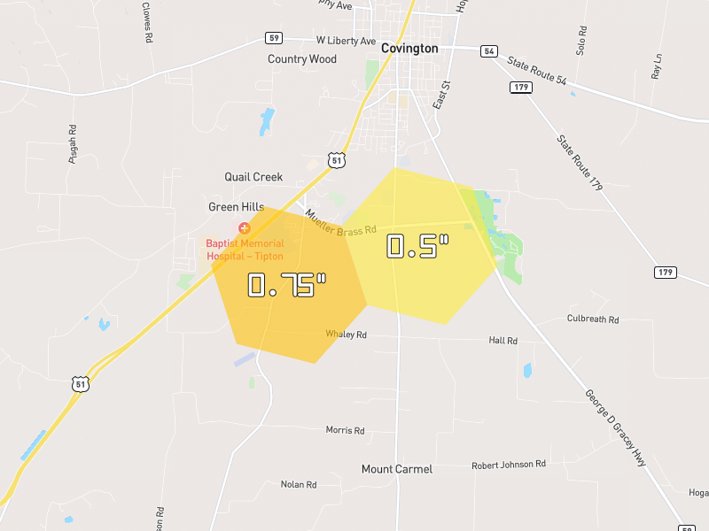 Hail map of Covington, TN on Jul 8, 2026, hail up to 0.75"