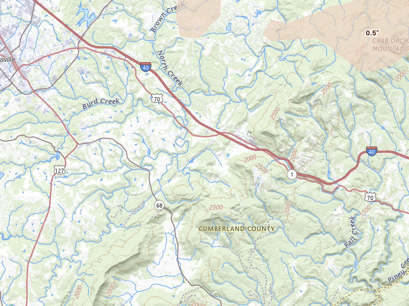 Radar-estimated hail-size map of the storm over Crab Orchard, TN on Jul 3, 2026
