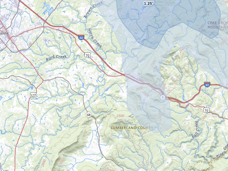 NEXRAD radar-signature map of the hail over Crab Orchard, TN