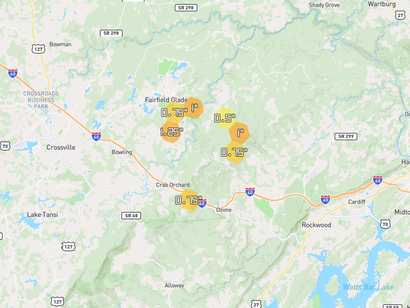 Hail map of Crab Orchard, TN on Jul 3, 2026, hail up to 1.25"