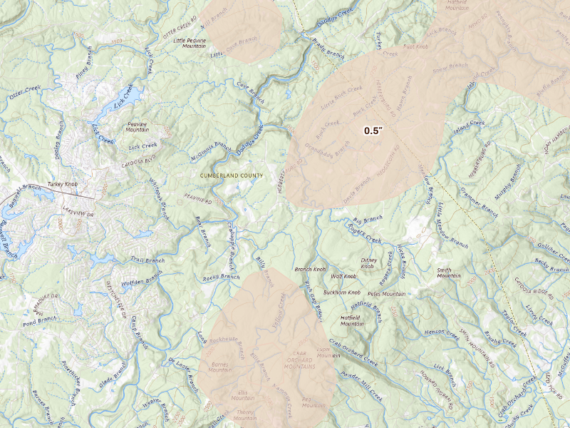 Radar-estimated hail-size map of the storm over Crab Orchard, TN