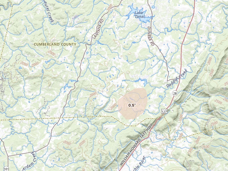 Radar-estimated hail-size map of the storm over Crossville, TN on Jun 26, 2026