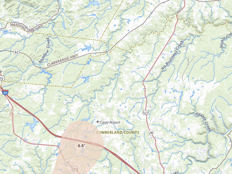 Radar-estimated hail-size map of the storm over Crossville, TN on Jul 3, 2026