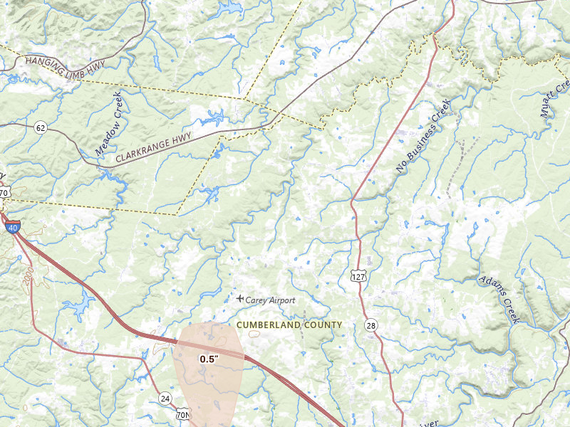 Radar-estimated hail-size map of the storm over Crossville, TN on Jul 17, 2026