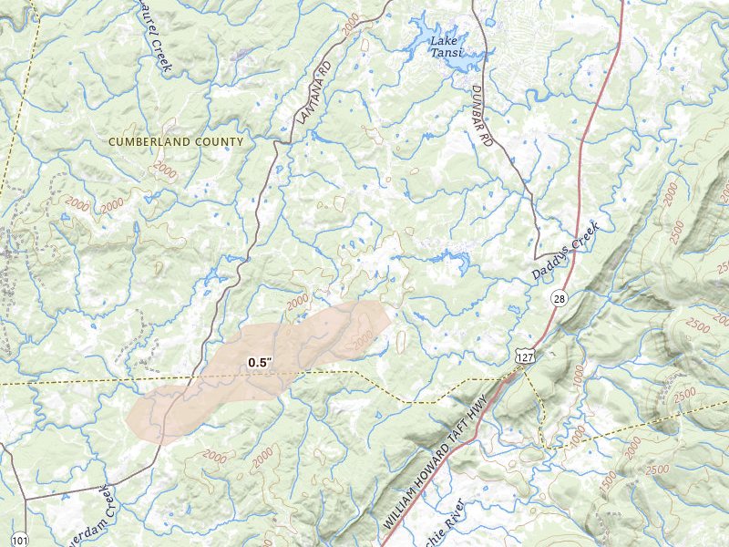 Radar-estimated hail-size map of the storm over Crossville, TN on Aug 1, 2026