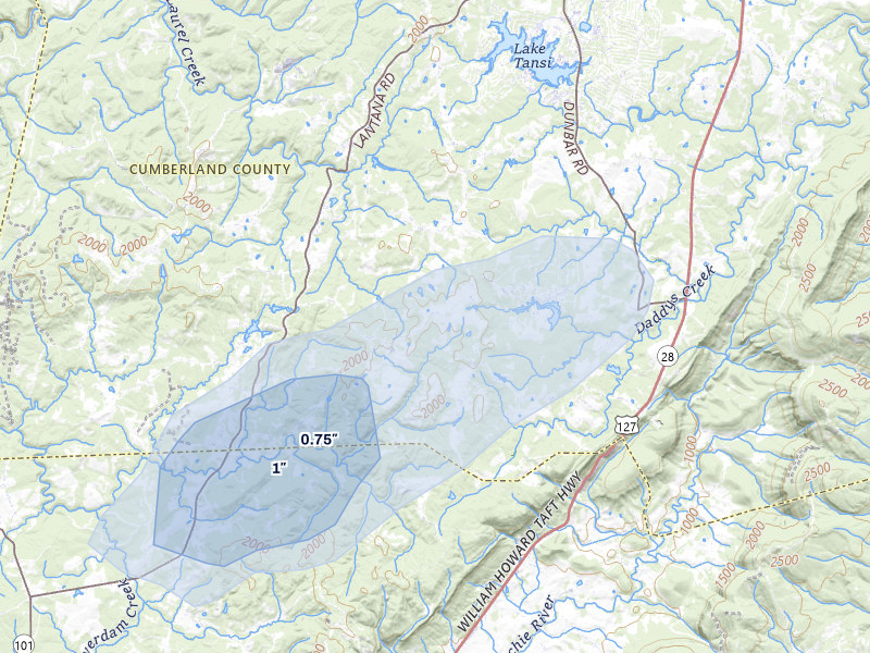 NEXRAD radar-signature map of the hail storm over Crossville, TN on Aug 1, 2026