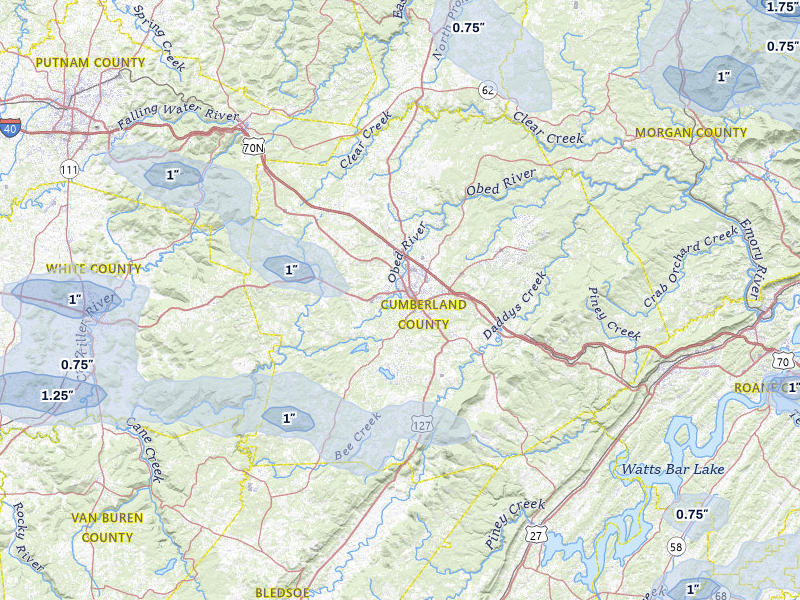 NEXRAD radar-signature map of the hail storm over Crossville, TN on Aug 17, 2026
