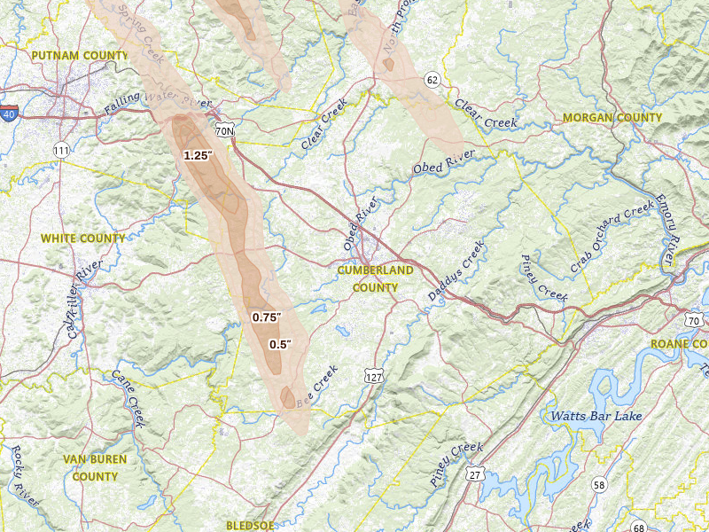 Radar-estimated hail-size map of the storm over Crossville, TN on Aug 22, 2026