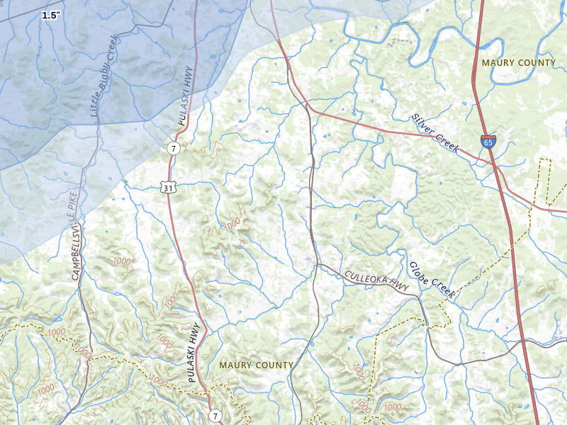 NEXRAD radar-signature map of the hail over Culleoka, TN