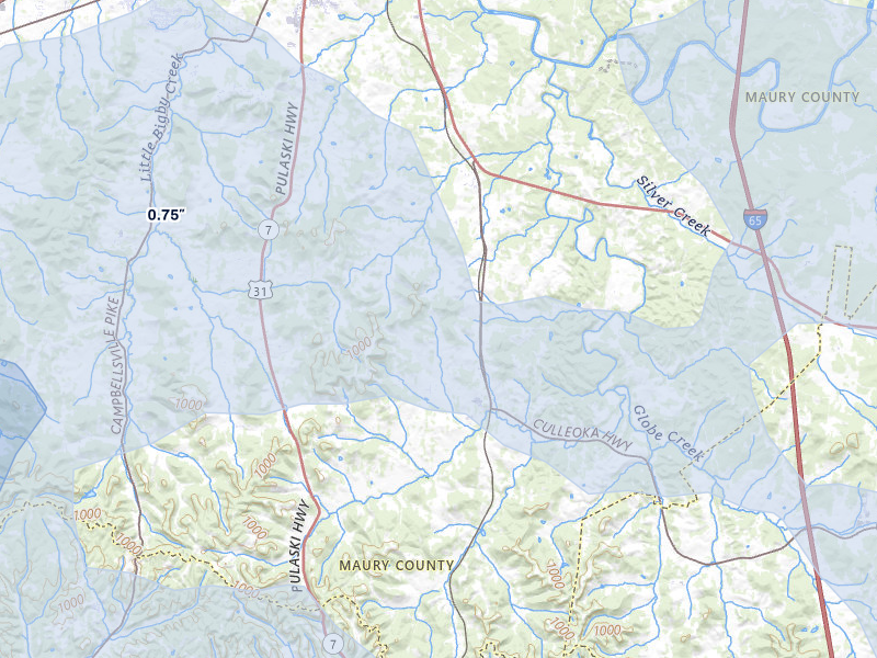 NEXRAD radar-signature map of the hail over Culleoka, TN
