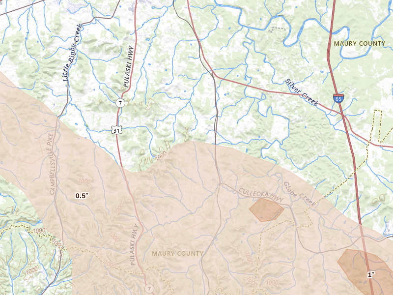 Radar-estimated hail-size map of the storm over Culleoka, TN on Jun 1, 2026