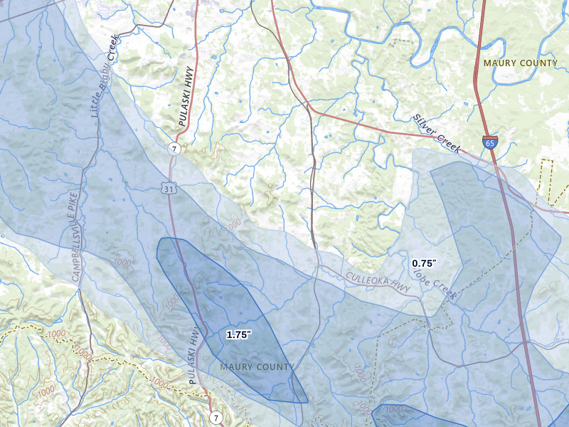NEXRAD radar-signature map of the hail storm over Culleoka, TN on Jun 1, 2026