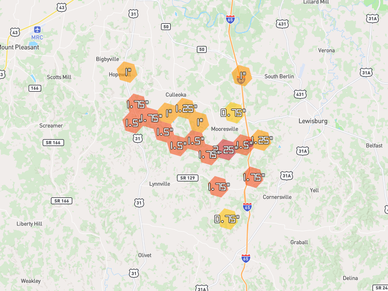Hail map of Culleoka, TN on Jun 1, 2026, hail up to 2.25"