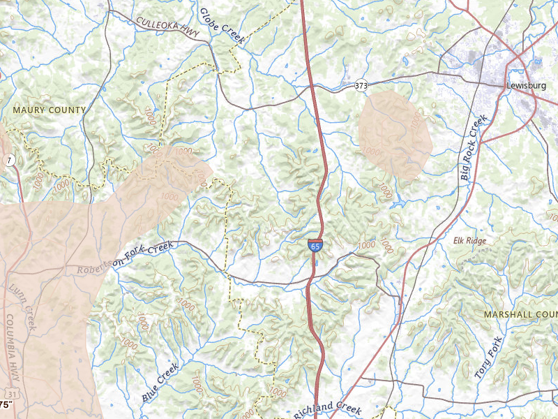 Radar-estimated hail-size map of the storm over Culleoka, TN on Jul 3, 2026