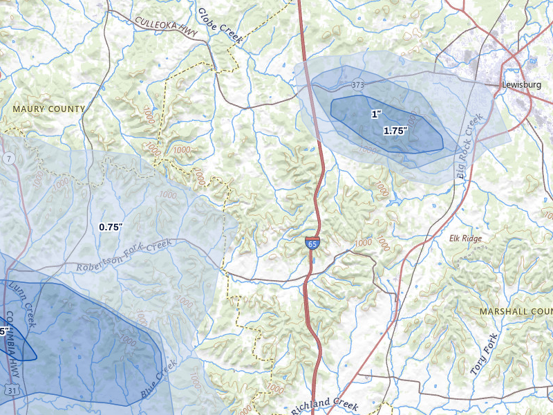NEXRAD radar-signature map of the hail storm over Culleoka, TN on Jul 3, 2026