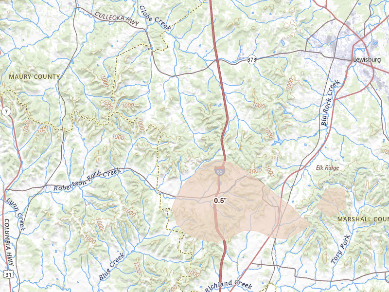 Radar-estimated hail-size map of the storm over Culleoka, TN on Jul 5, 2026