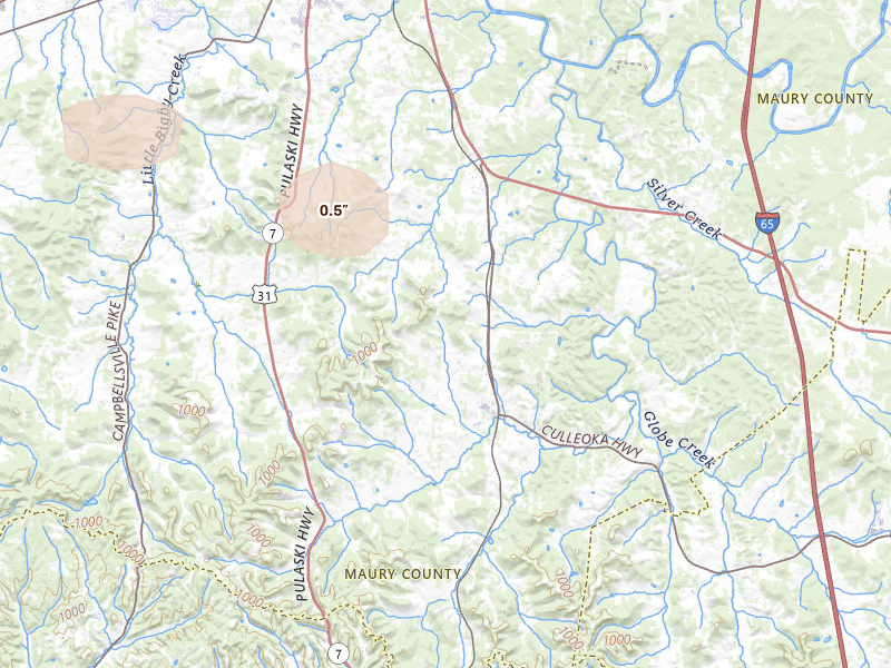 Radar-estimated hail-size map of the storm over Culleoka, TN on Jul 11, 2026