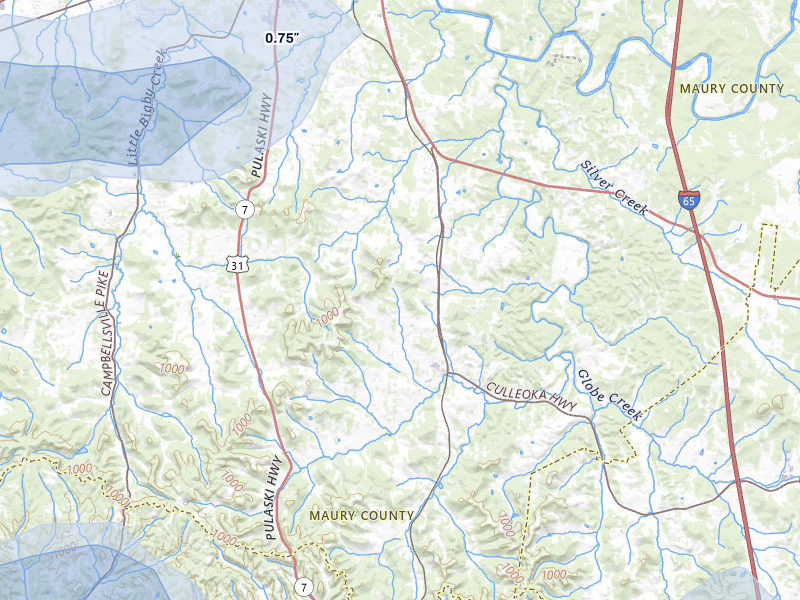 NEXRAD radar-signature map of the hail storm over Culleoka, TN on Jul 11, 2026