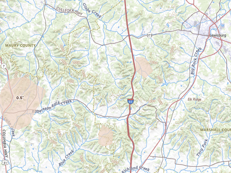 Radar-estimated hail-size map of the storm over Culleoka, TN