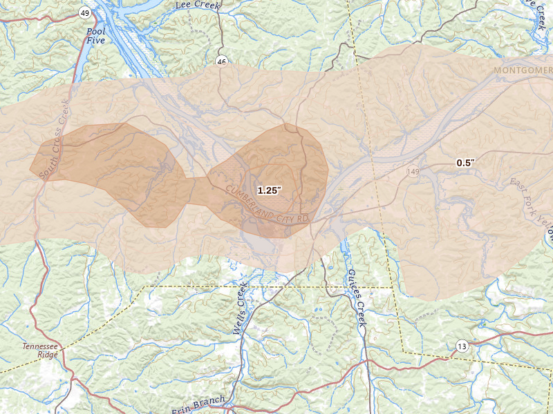 Radar-estimated hail-size map of the storm over Cumberland City, TN on Apr 27, 2026