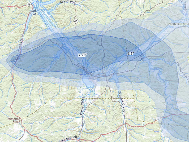 NEXRAD radar-signature map of the hail over Cumberland City, TN
