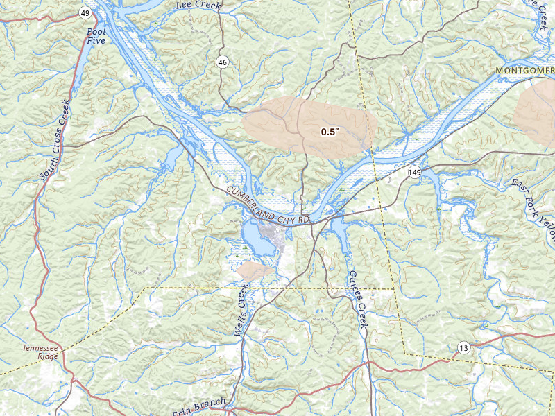 Radar-estimated hail-size map of the storm over Cumberland City, TN on Jun 9, 2026